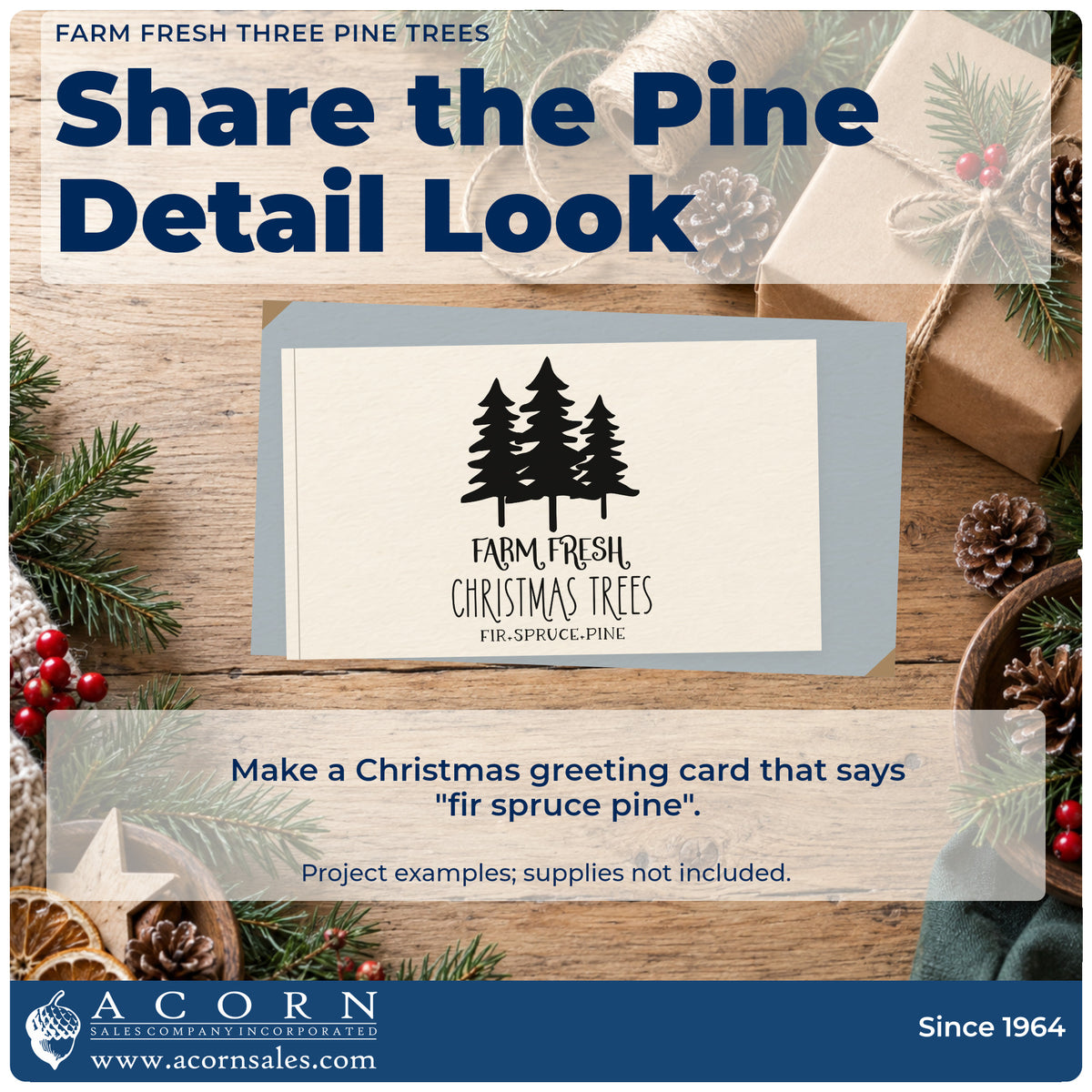A finished handmade project stamped with the Farm Fresh Three Pine Trees Slim Pre-Inked Stamp, ideal for silhouette album.