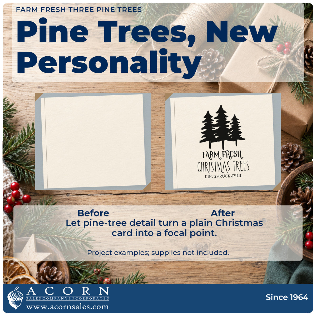 Before and after of a plain item finished with the Farm Fresh Three Pine Trees Rubber Stamp – Duo Hand, a quick upgrade for framed graphic sign.
