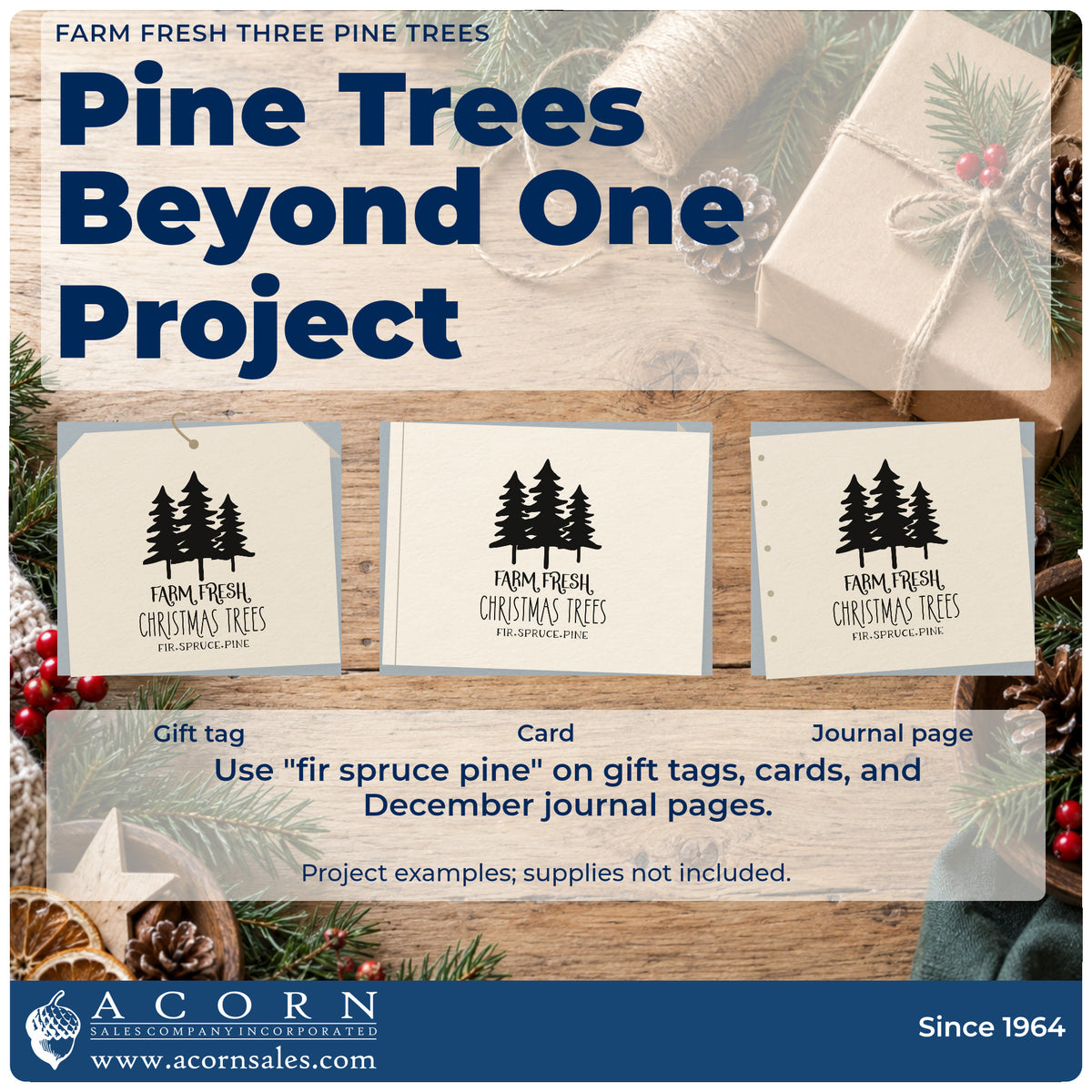 Three project examples made with the Farm Fresh Three Pine Trees PSI Pre-Inked Stamp, including species count sheet.