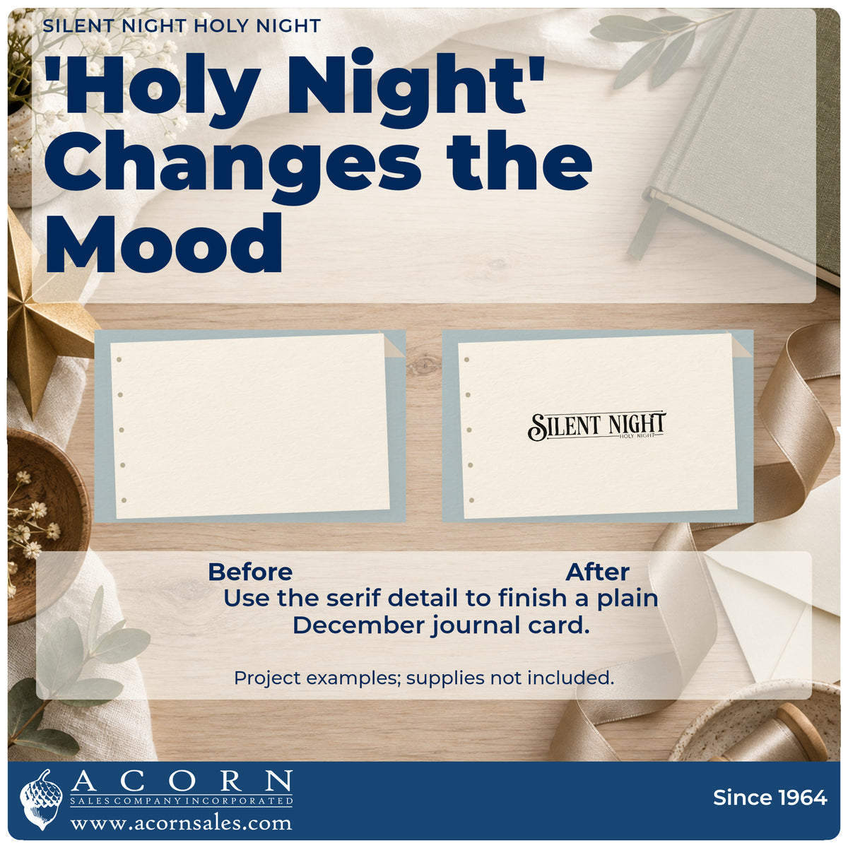 Before and after of a plain item finished with the Silent Night Holy Night Stamp – Slim Pre-Inked, a quick upgrade for framed narthex ledge.