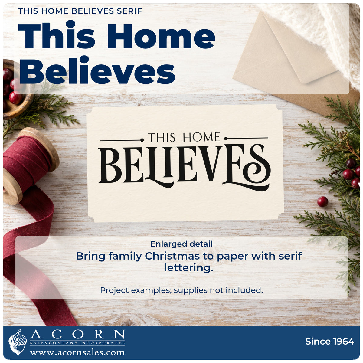 Enlarged detail of the This Home Believes Serif Premium Wooden Stamp – Vintage Pro imprint. The words "This home believes" appear in decorative serif lettering with thin horizontal lines.