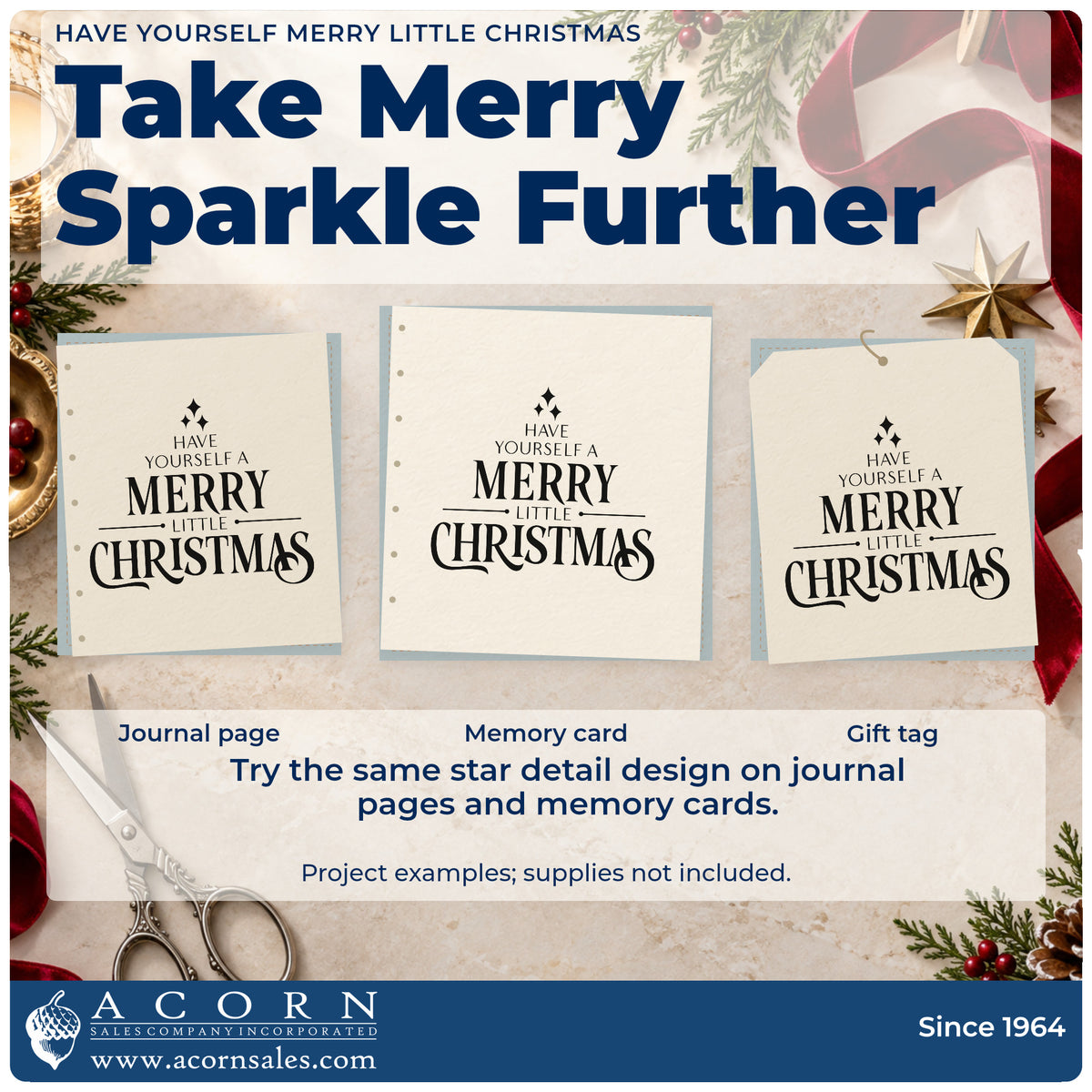 Three project examples made with the Have Yourself A Merry Little Christmas Sparkle Accents Pre-Inked Stamp – Slim, including block cover sheet.