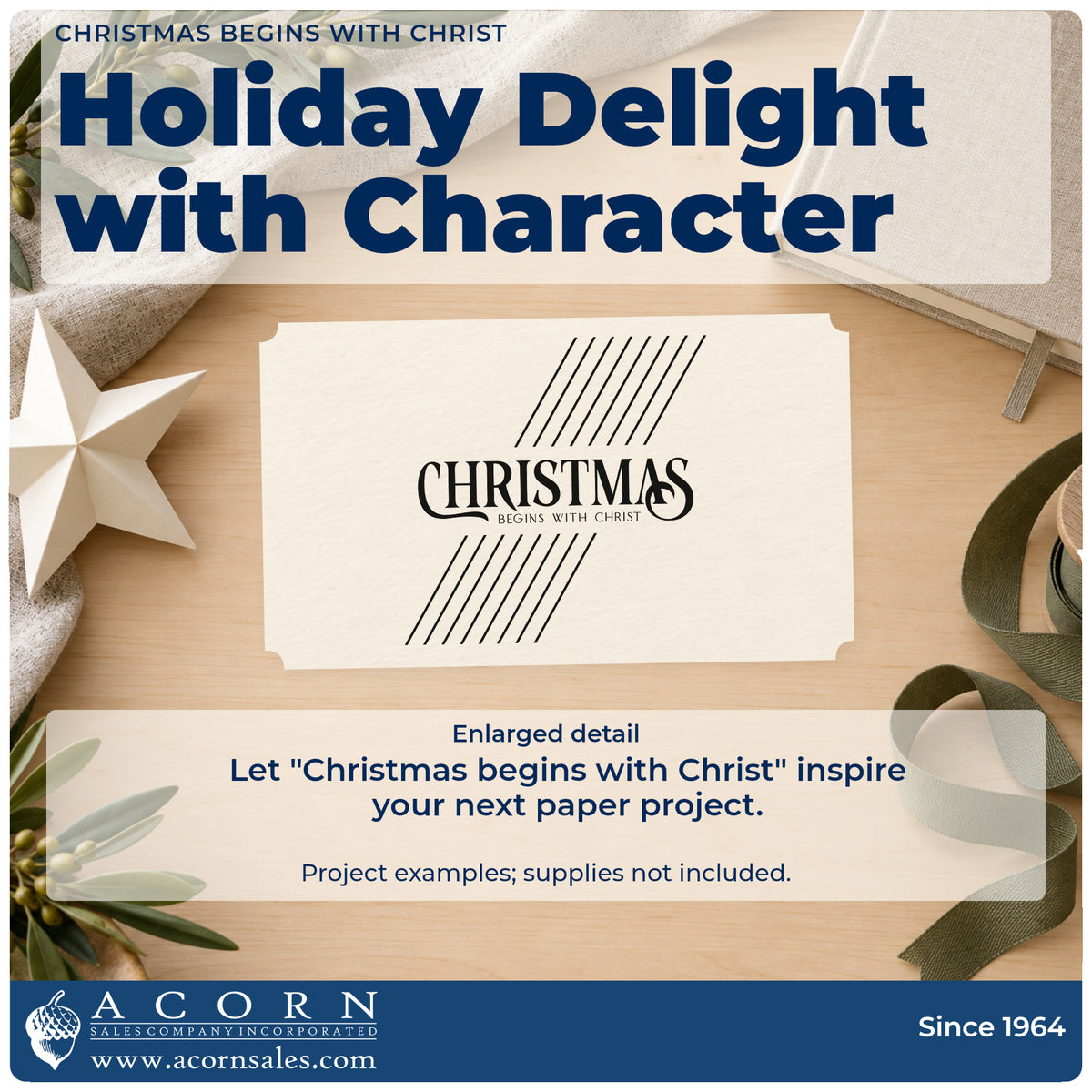 Enlarged detail of the Christmas Begins With Christ Stamp – Wood Handle imprint. The words "Christmas begins with Christ" appear between two groups of diagonal parallel lines.