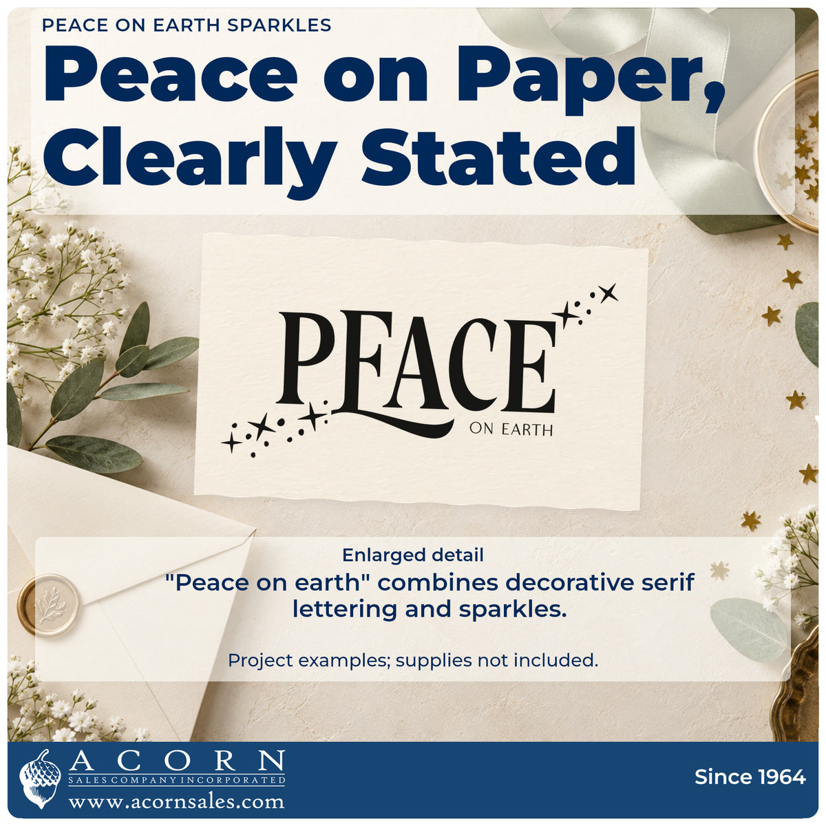 Enlarged detail of the Peace On Earth Sparkles Serif Lettering Slim Pre-Inked Stamp imprint. The word "Peace" appears in large serif letters with small "on earth" text and a diagonal trail of sparkles.