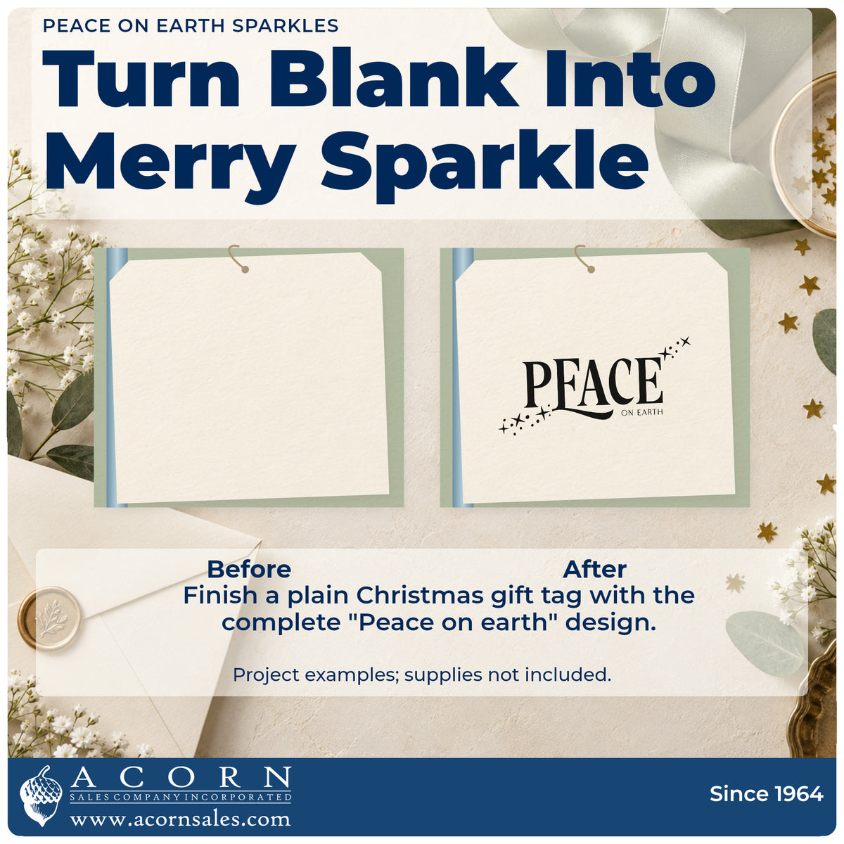 Before and after of a plain item finished with the Peace On Earth Sparkles Serif Lettering Rubber Stamp – Wood Handle, a quick upgrade for framed angled hang.