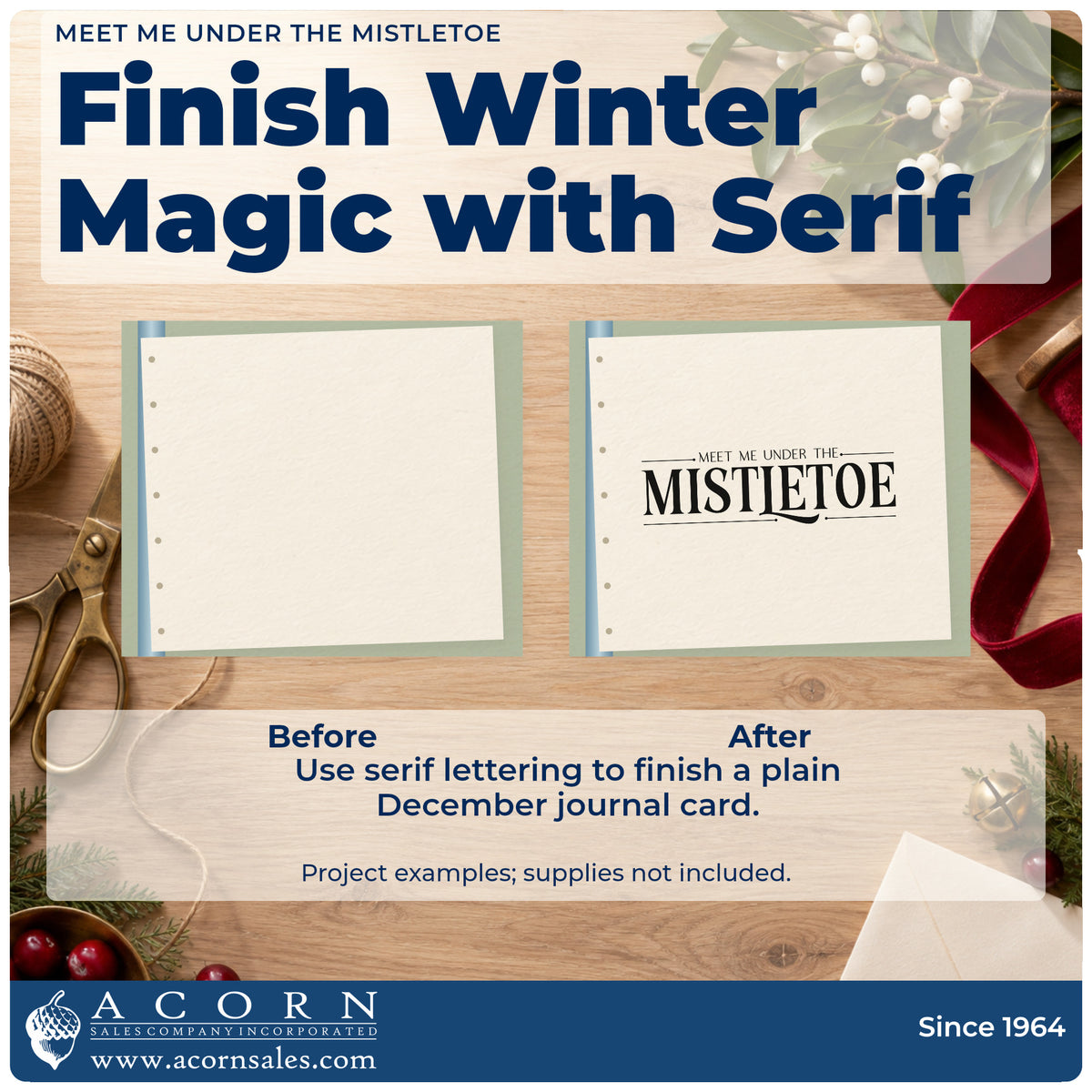 Before and after of a plain item finished with the Meet Me Under The Mistletoe Serif Lettering Rubber Stamp – Duo Hand, a quick upgrade for framed sample board.