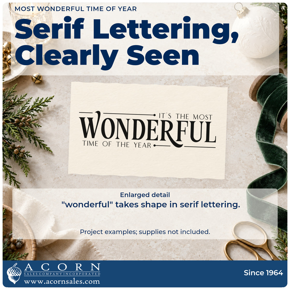 Enlarged detail of the It's The Most Wonderful Time Of The Year Serif Typography Wood-Mounted Rubber Stamp imprint. The phrase "It's the most wonderful time of the year" emphasizes "wonderful" in large decorative serif letters.
