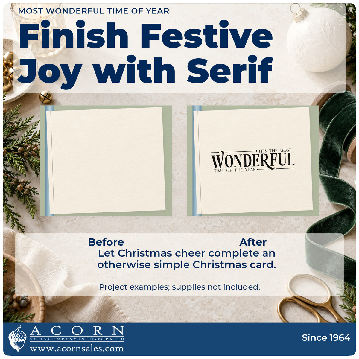 Before and after of a plain item finished with the It's The Most Wonderful Time Of The Year Serif Typography Stamp – Premium Vintage Pro Wooden, a quick upgrade for framed display wall.