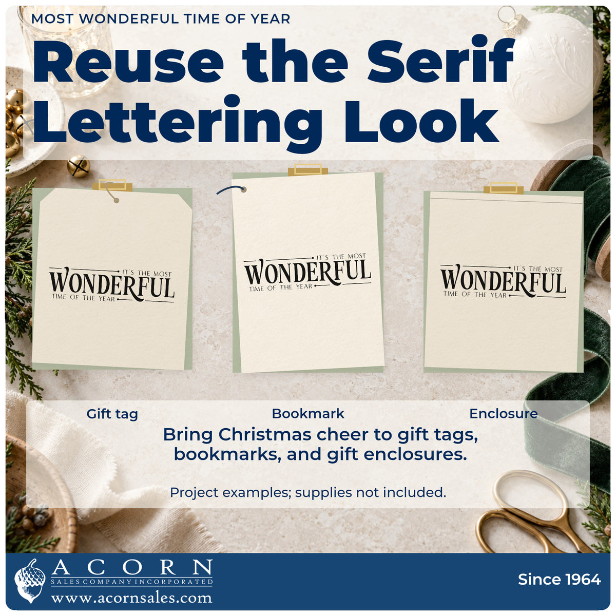 Three project examples made with the It's The Most Wonderful Time Of The Year Serif Typography Stamp – Premium Vintage Pro Wooden, including highlight plan sheet.
