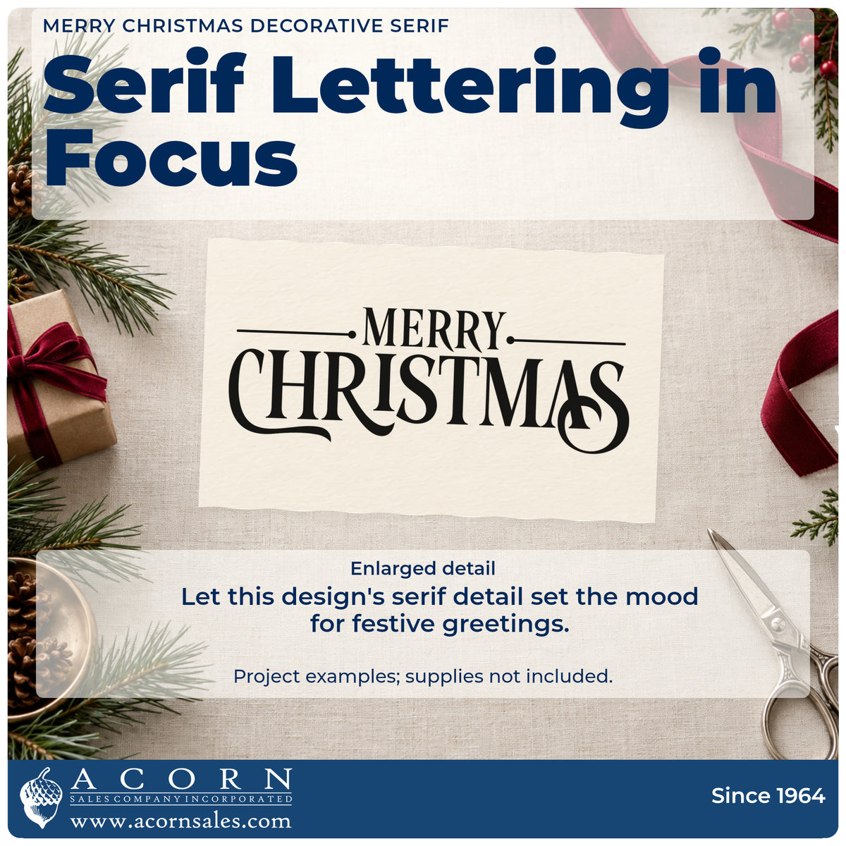 Enlarged detail of the Merry Christmas Decorative Serif Slim Pre-Inked Stamp imprint. The words "Merry Christmas" appear in large decorative serif letters with horizontal line accents.