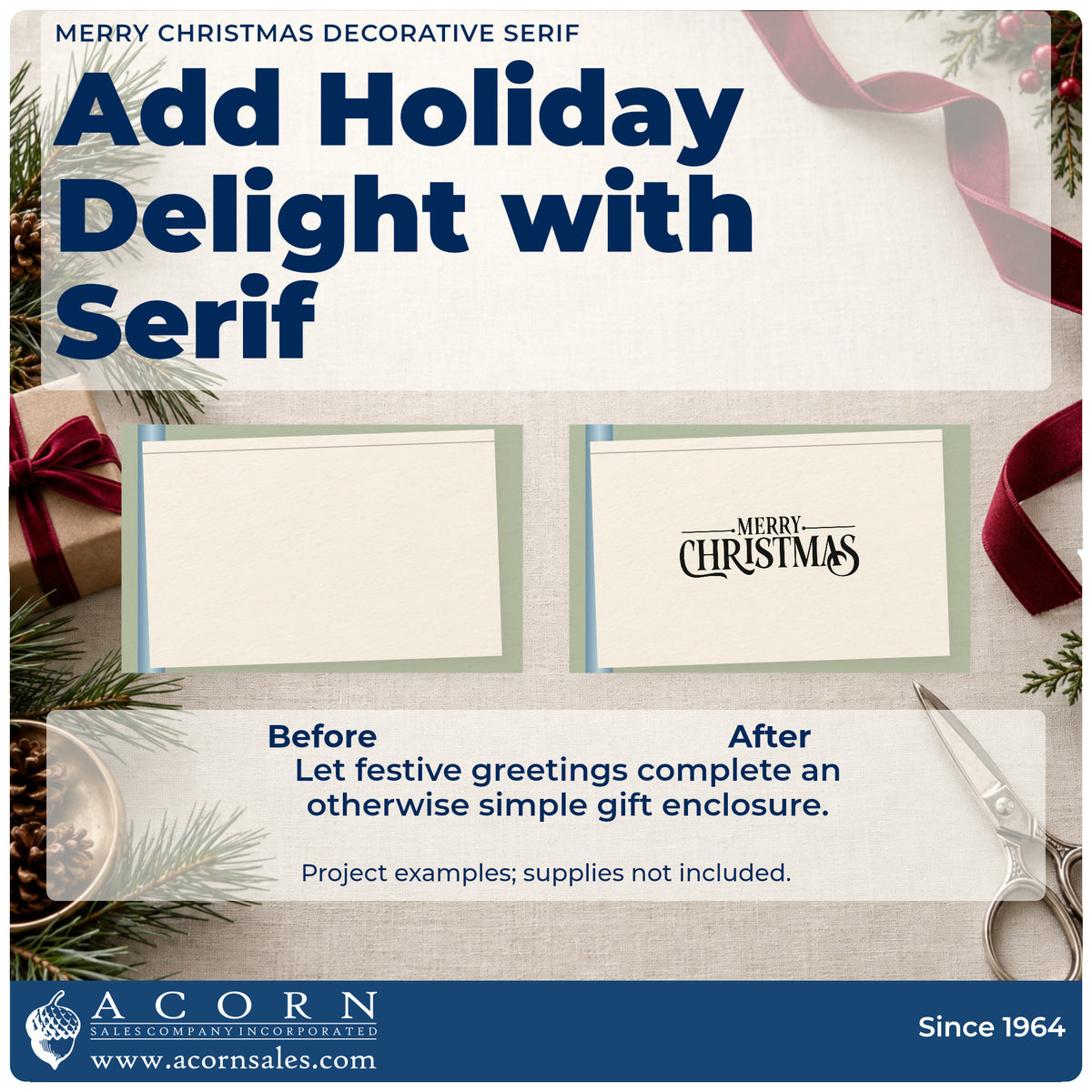 Before and after of a plain item finished with the Self-Inking Merry Christmas Decorative Serif Stamp, a quick upgrade for framed shop window.