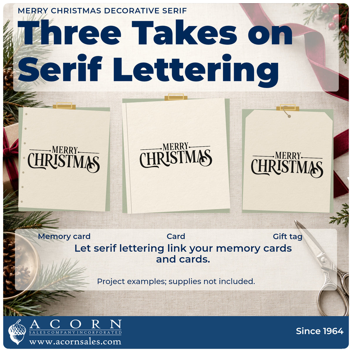 Three project examples made with the Merry Christmas Decorative Serif Pre-Inked Stamp – PSI, including run record sheet.