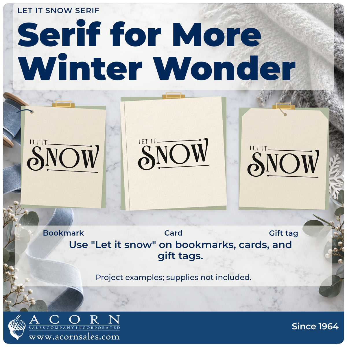 Three project examples made with the Wood Handle Let It Snow Serif Lettering Rubber Stamp, including buy plan sheet.