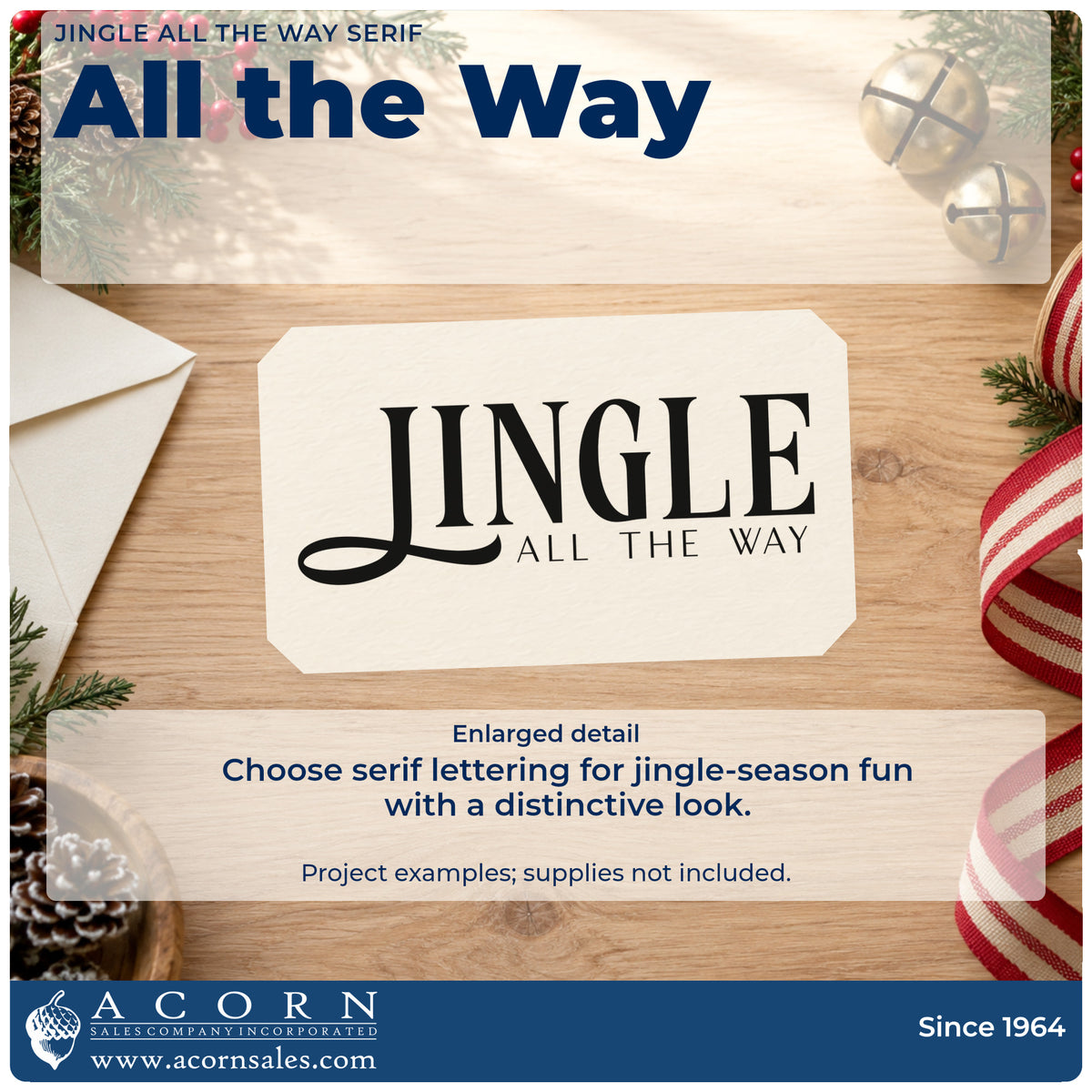 Enlarged detail of the Jingle All The Way Serif Wood Handle Stamp imprint. The word "Jingle" appears in large serif letters with a sweeping lower stroke and small "all the way" text.