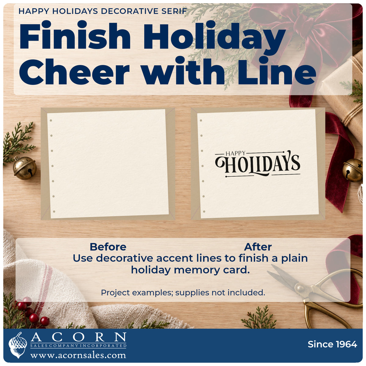Before and after of a plain item finished with the Happy Holidays Stamp – Slim Pre-Inked, a quick upgrade for framed reception wall.