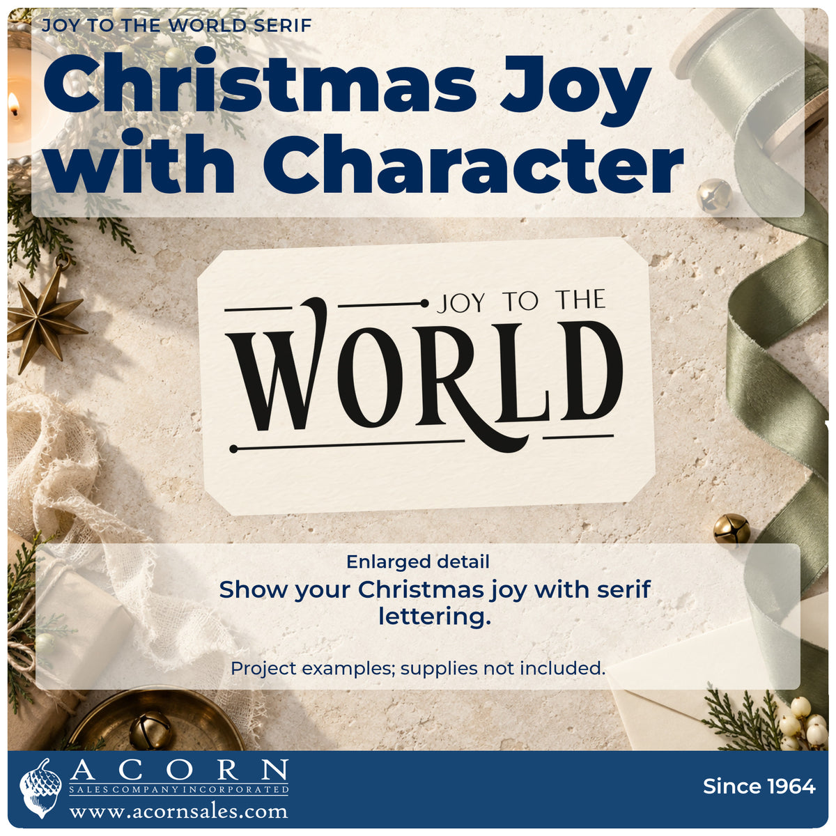 Enlarged detail of the Joy To The World Serif Slim Pre-Inked Stamp imprint. The words "Joy to the world" emphasize "world" in large decorative serif letters with thin rules.