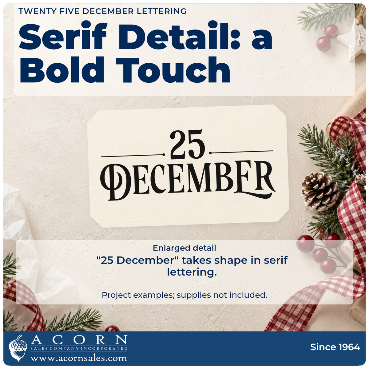 Enlarged detail of the Twenty Five December Word Art Rubber Stamp – Wood Handle imprint. The date "25 December" appears in bold decorative serif lettering with horizontal line accents.