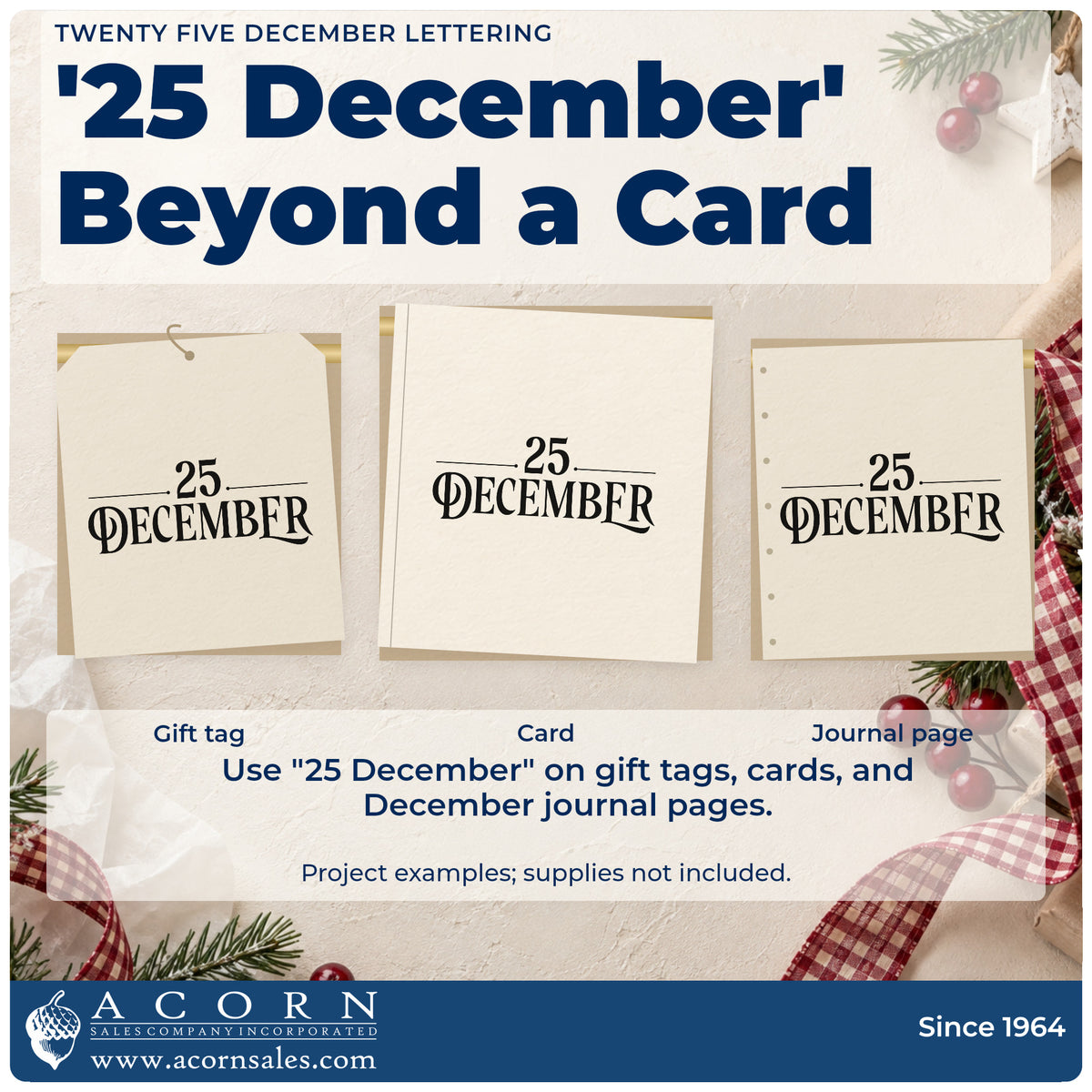 Three project examples made with the Twenty Five December Word Art Hand Stamp – Duo, including save the day sheet.