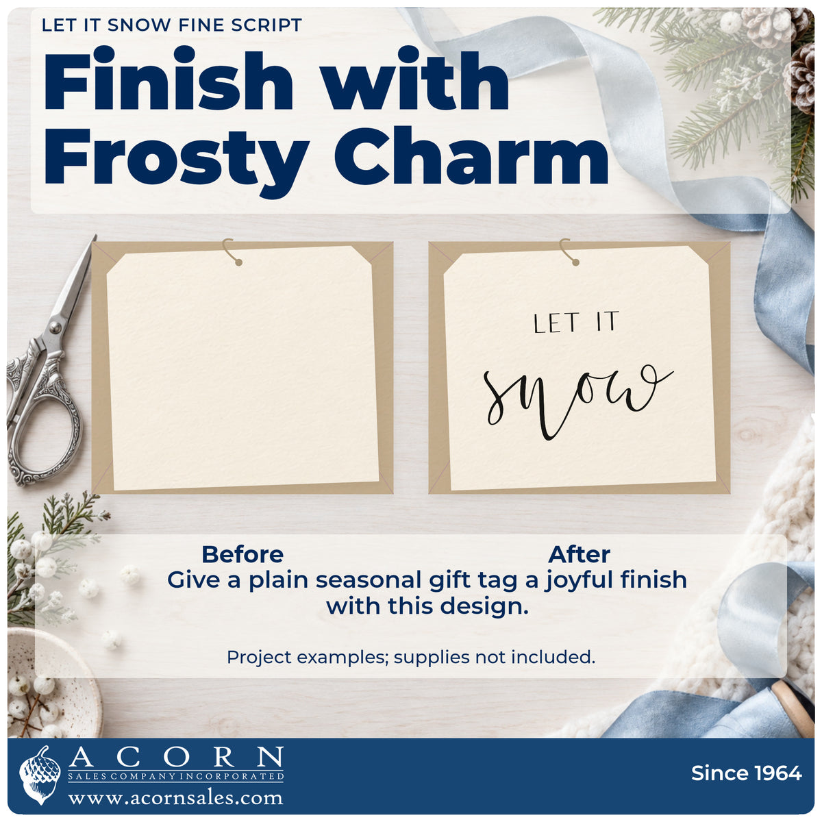 Before and after of a plain item finished with the Let It Snow Fine Script Rubber Stamp – Duo Hand, a quick upgrade for framed spa entry.