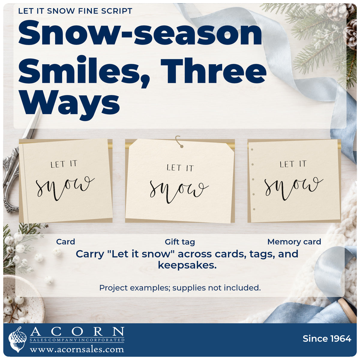Three project examples made with the Let It Snow Fine Script PSI Pre-Inked Stamp, including routine log sheet.