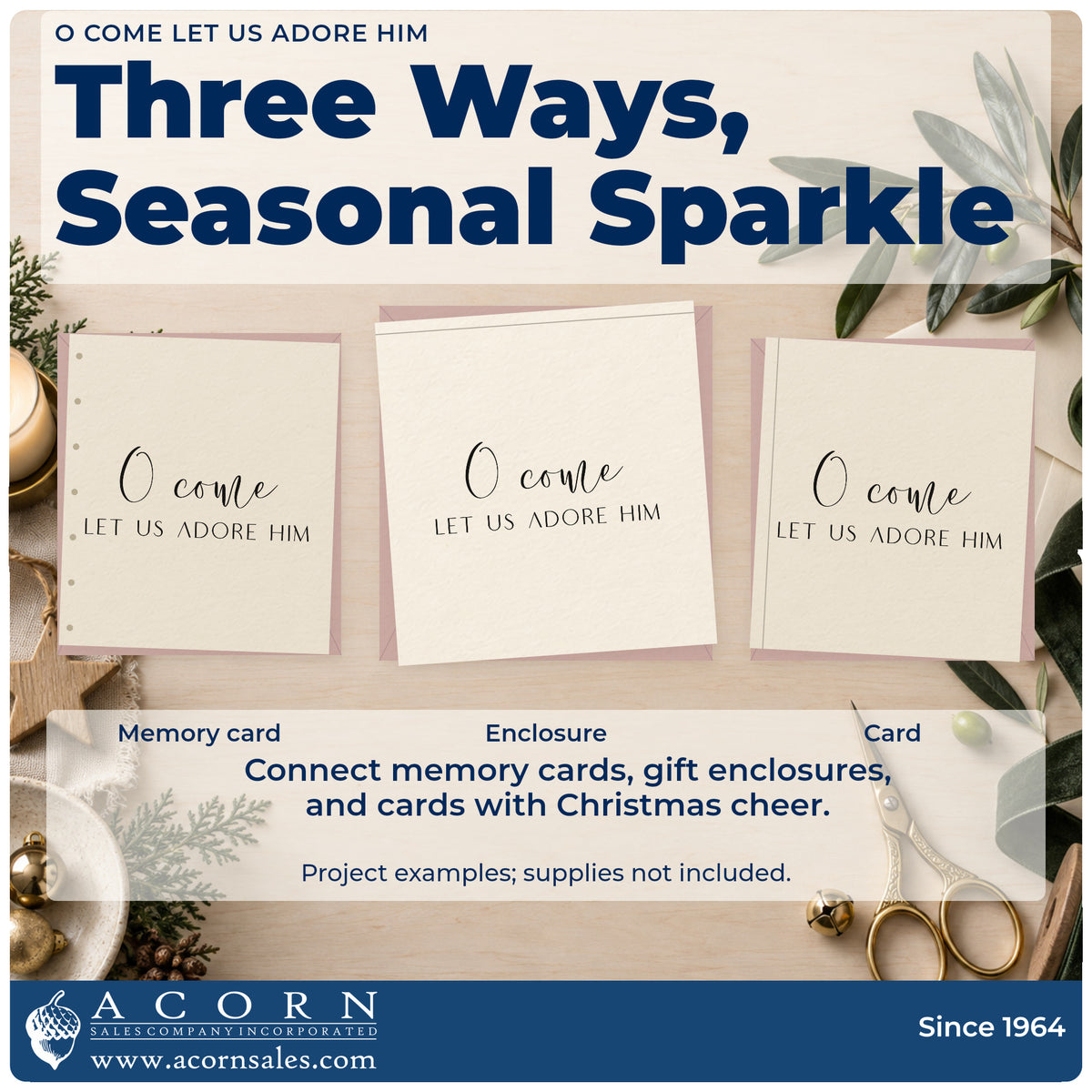 Three project examples made with the O Come Let Us Adore Him Lettering Duo Hand Stamp, including service order sheet.