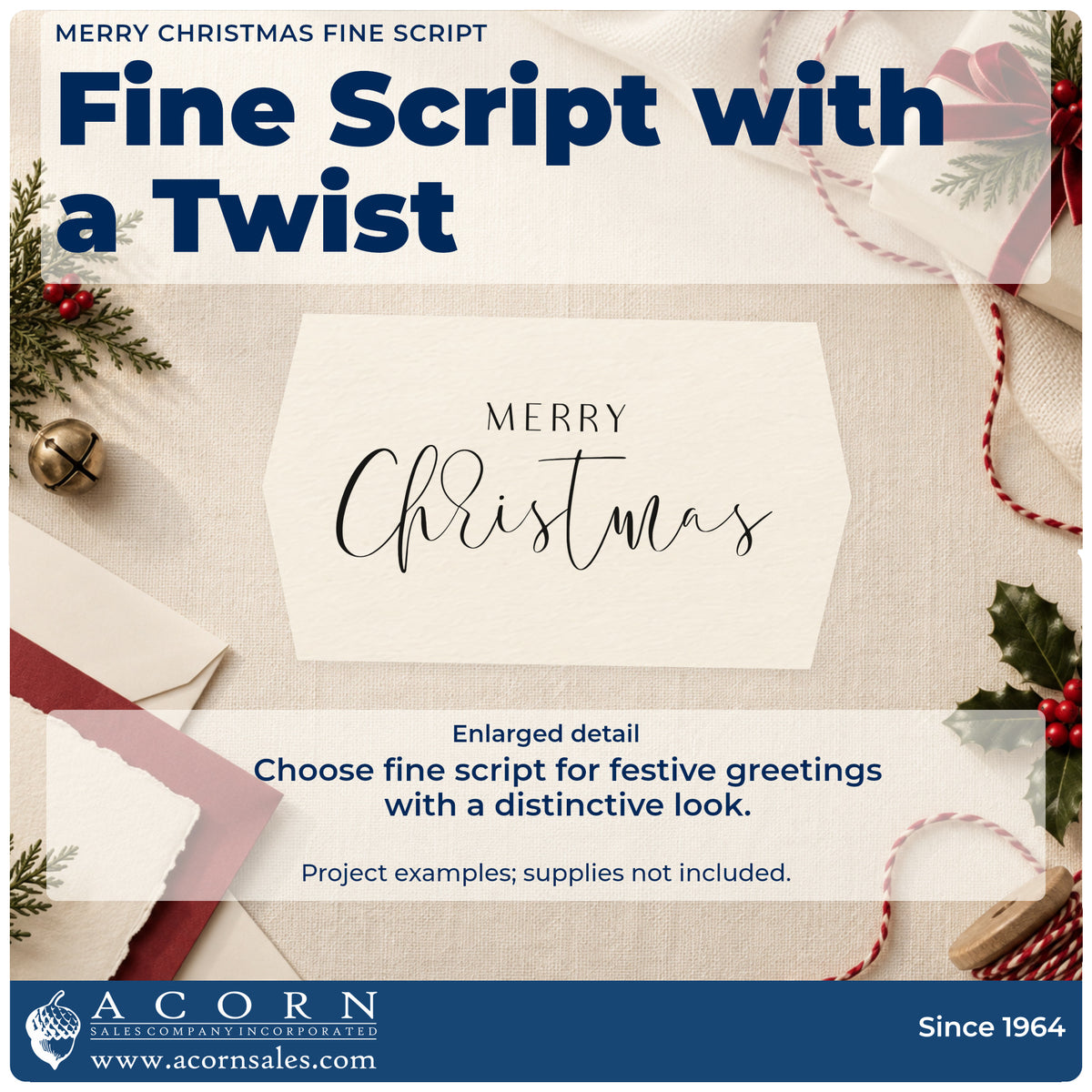 Enlarged detail of the Merry Christmas Fine Script Wood Handle Stamp imprint. The greeting "Merry Christmas" combines small spaced capitals with fine flowing script.