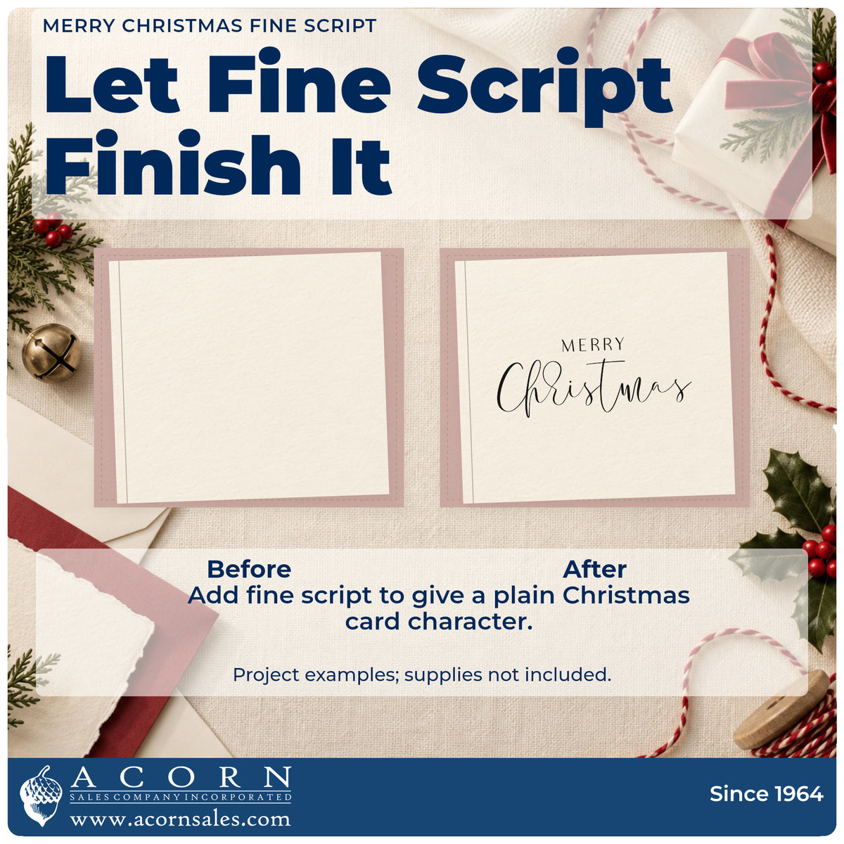 Before and after of a plain item finished with the Merry Christmas Fine Script Pre-Inked Stamp – PSI, a quick upgrade for framed aisle easel.