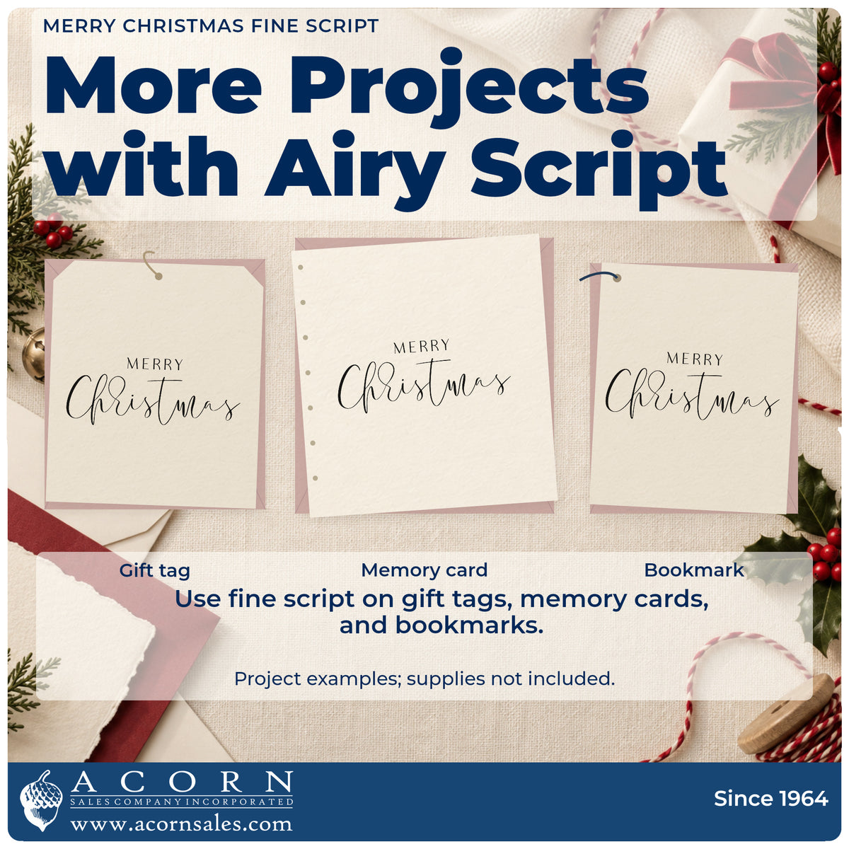 Three project examples made with the Merry Christmas Fine Script Wood Handle Stamp, including vow draft sheet.