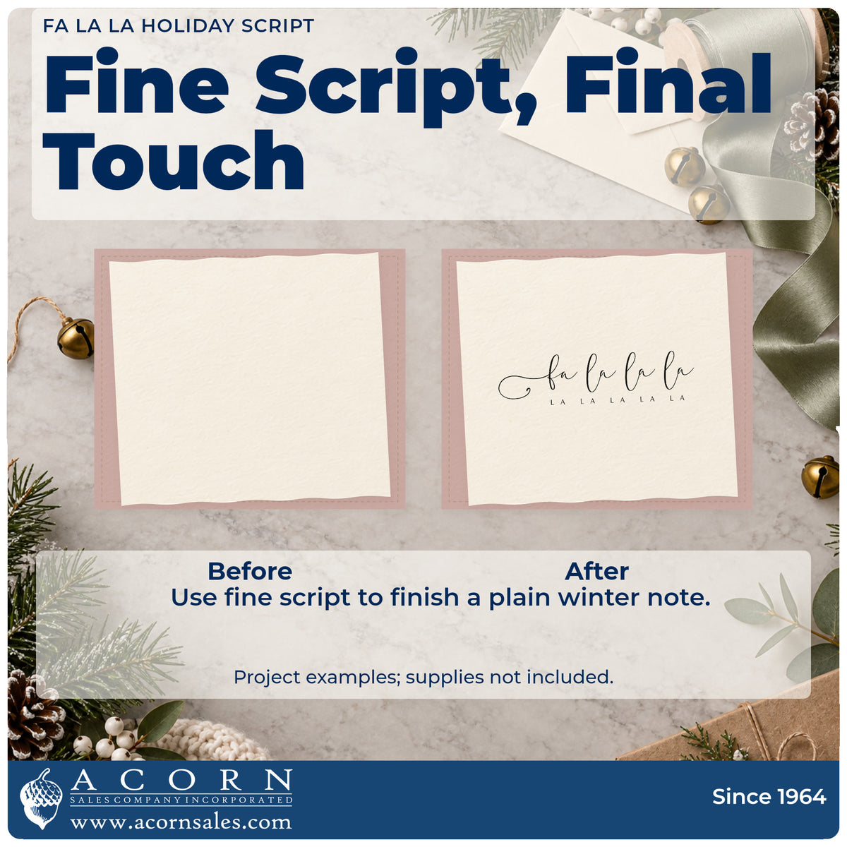 Before and after of a plain item finished with the Fa La La Looping Holiday Script Rubber Stamp – Wood Handle, a quick upgrade for framed piano ledge.
