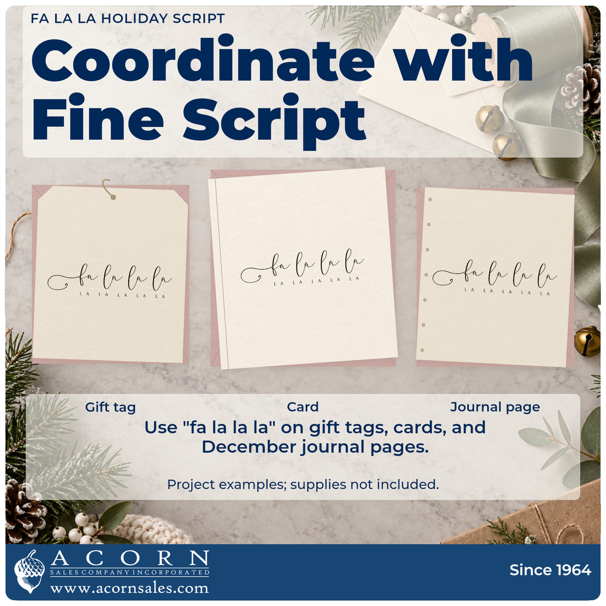 Three project examples made with the Fa La La Looping Holiday Script Pre-Inked Stamp – PSI, including refrain note sheet.