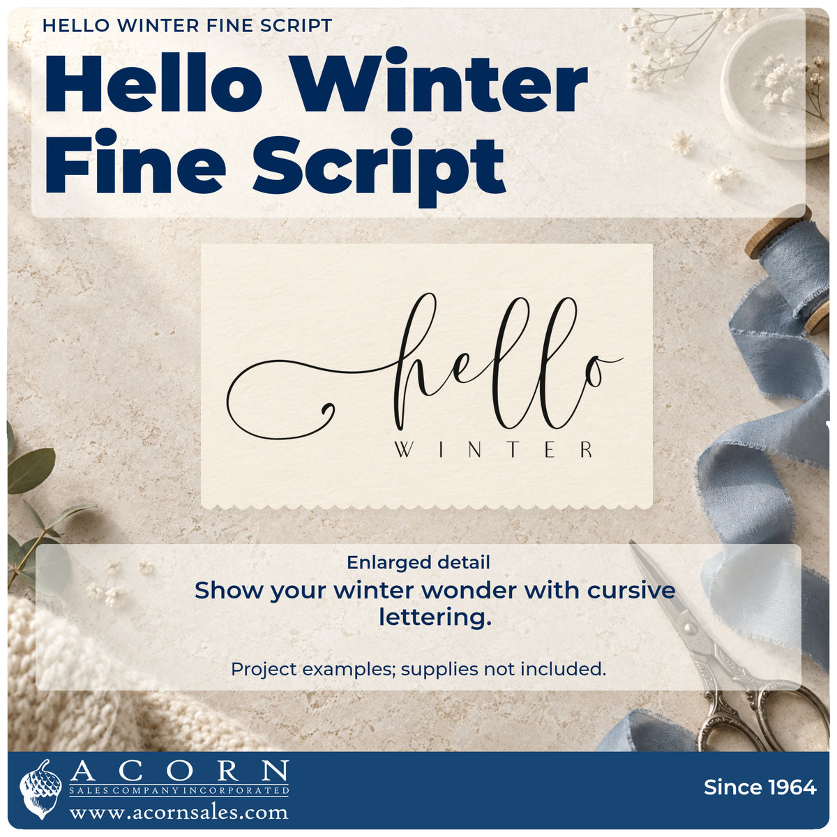 Enlarged detail of the Hello Winter Fine Script Wood Handle Stamp imprint. The words "hello winter" combine thin looping cursive and small widely spaced capitals.