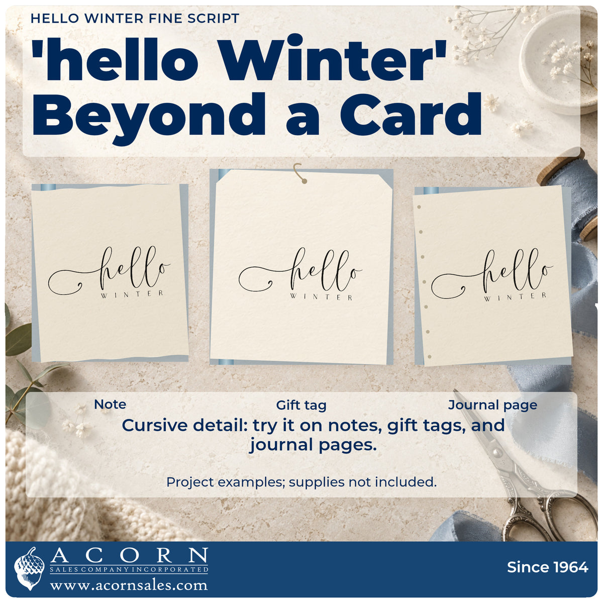 Three project examples made with the Duo Hand Hello Winter Fine Script Rubber Stamp, including range plan sheet.