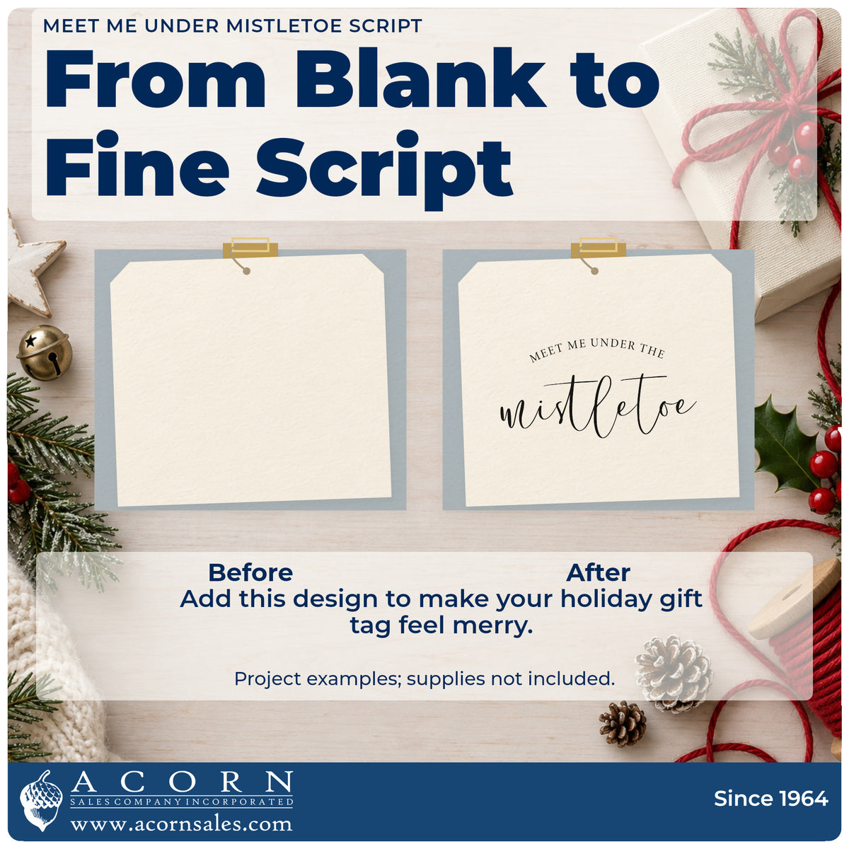 Before and after of a plain item finished with the Meet Me Under Mistletoe Script Rubber Stamp – Duo Hand, a quick upgrade for framed oval mat.