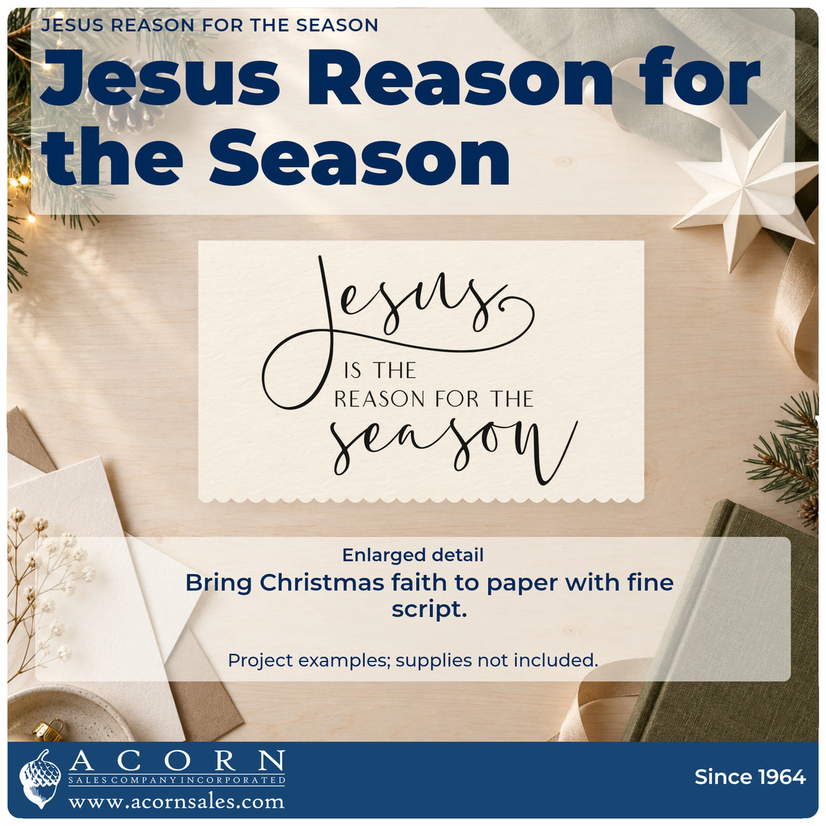 Enlarged detail of the Jesus Reason For The Season Rubber Stamp – Wood Handle imprint. The words "Jesus is the reason for the season" combine fine script with small plain capitals.