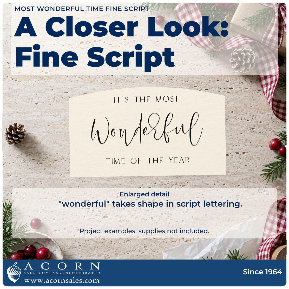 Enlarged detail of the Most Wonderful Time Fine Script Lettering Duo Hand Stamp imprint. The phrase "It's the most wonderful time of the year" centers a large fine script word "wonderful."