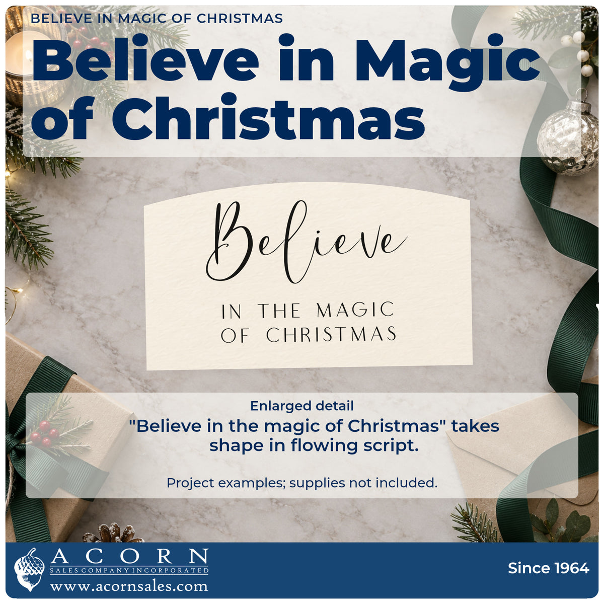 Enlarged detail of the Slim Pre-Inked Believe In Magic Of Christmas Stamp imprint. The words "Believe in the magic of Christmas" feature large flowing script above spaced capitals.