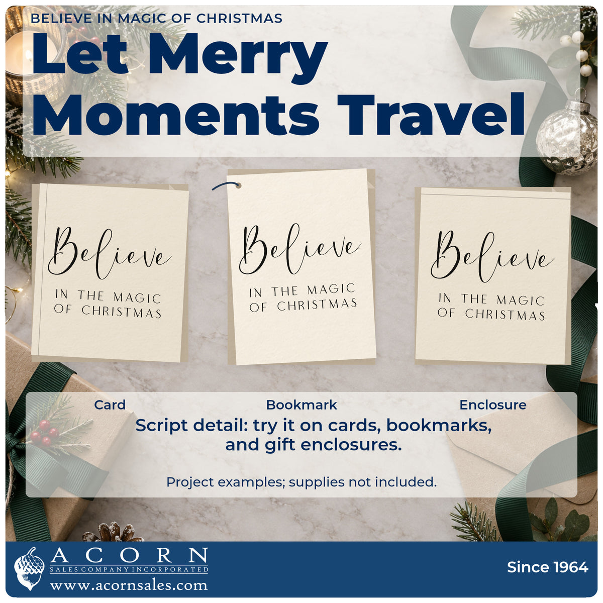 Three project examples made with the Slim Pre-Inked Believe In Magic Of Christmas Stamp, including program order sheet.