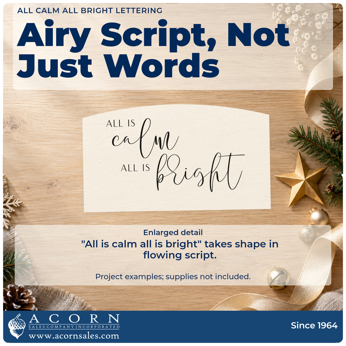 Enlarged detail of the All Calm All Bright Word Art Wood-Mounted Rubber Stamp imprint. The words "All is calm all is bright" alternate small capitals and fine flowing script.
