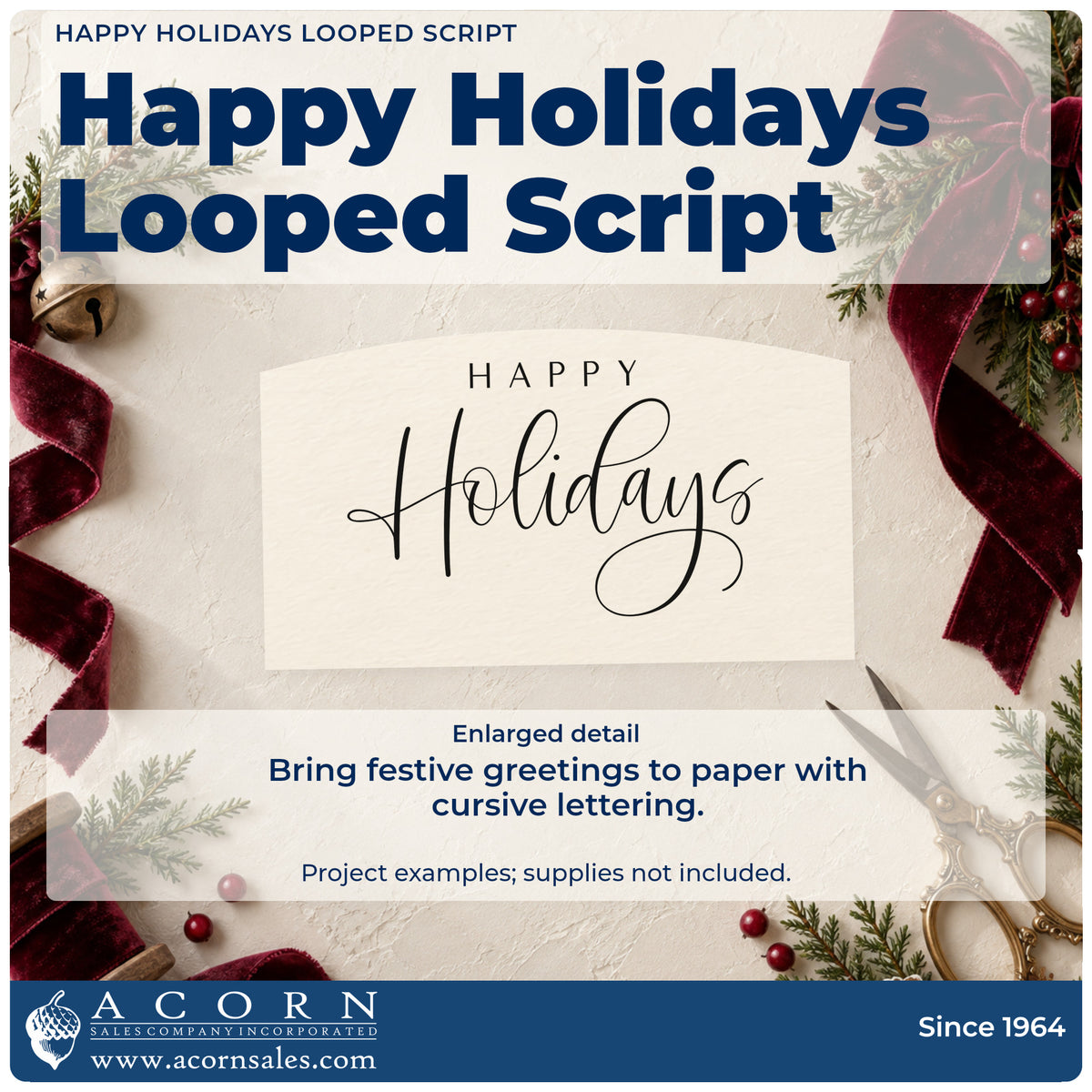 Enlarged detail of the Happy Holidays Looped Script Lettering Pre-Inked Stamp – Slim imprint. The words "Happy holidays" feature spaced capitals above a large cursive word with a looping tail.