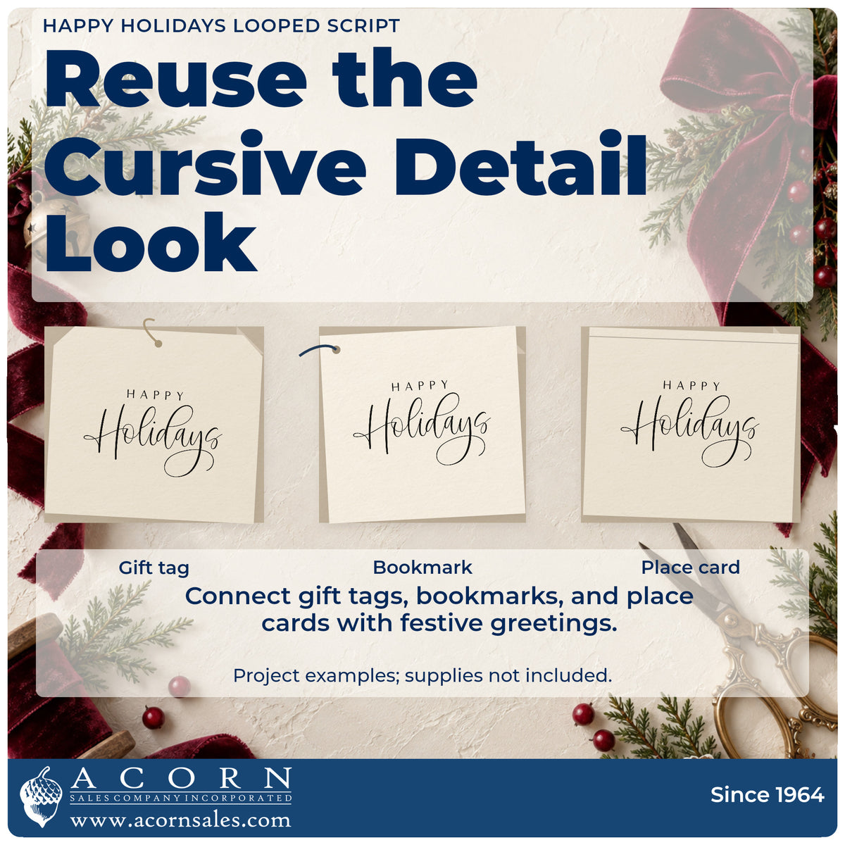 Three project examples made with the Wood Handle Happy Holidays Looped Script Lettering Rubber Stamp, including closing note sheet.