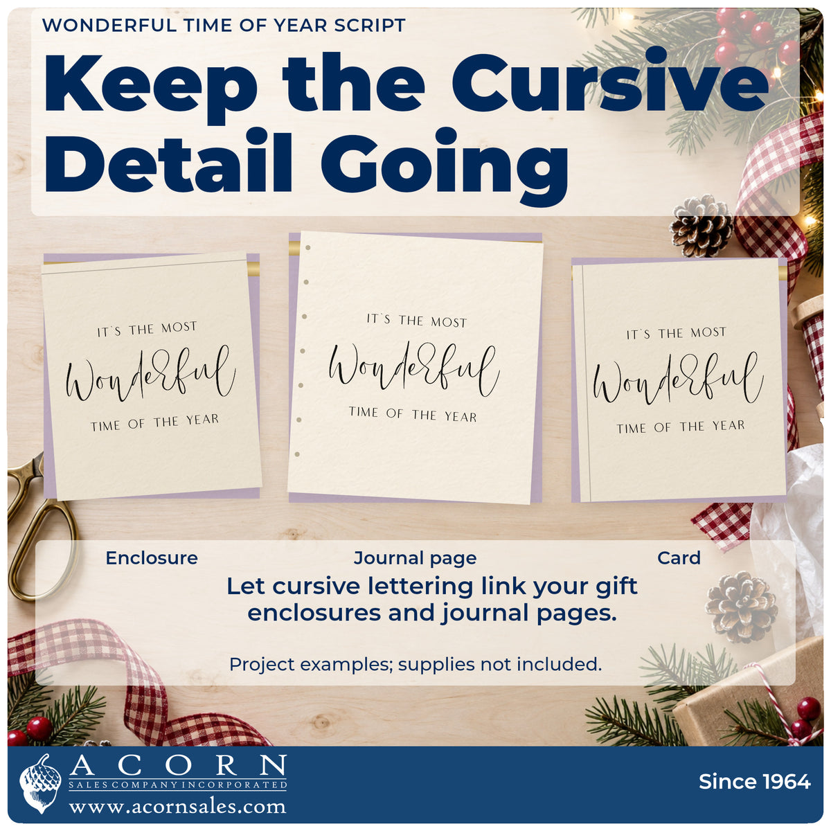 Three project examples made with the Wonderful Time Of Year Script Lettering Stamp – Self-Inking, including header body sheet.