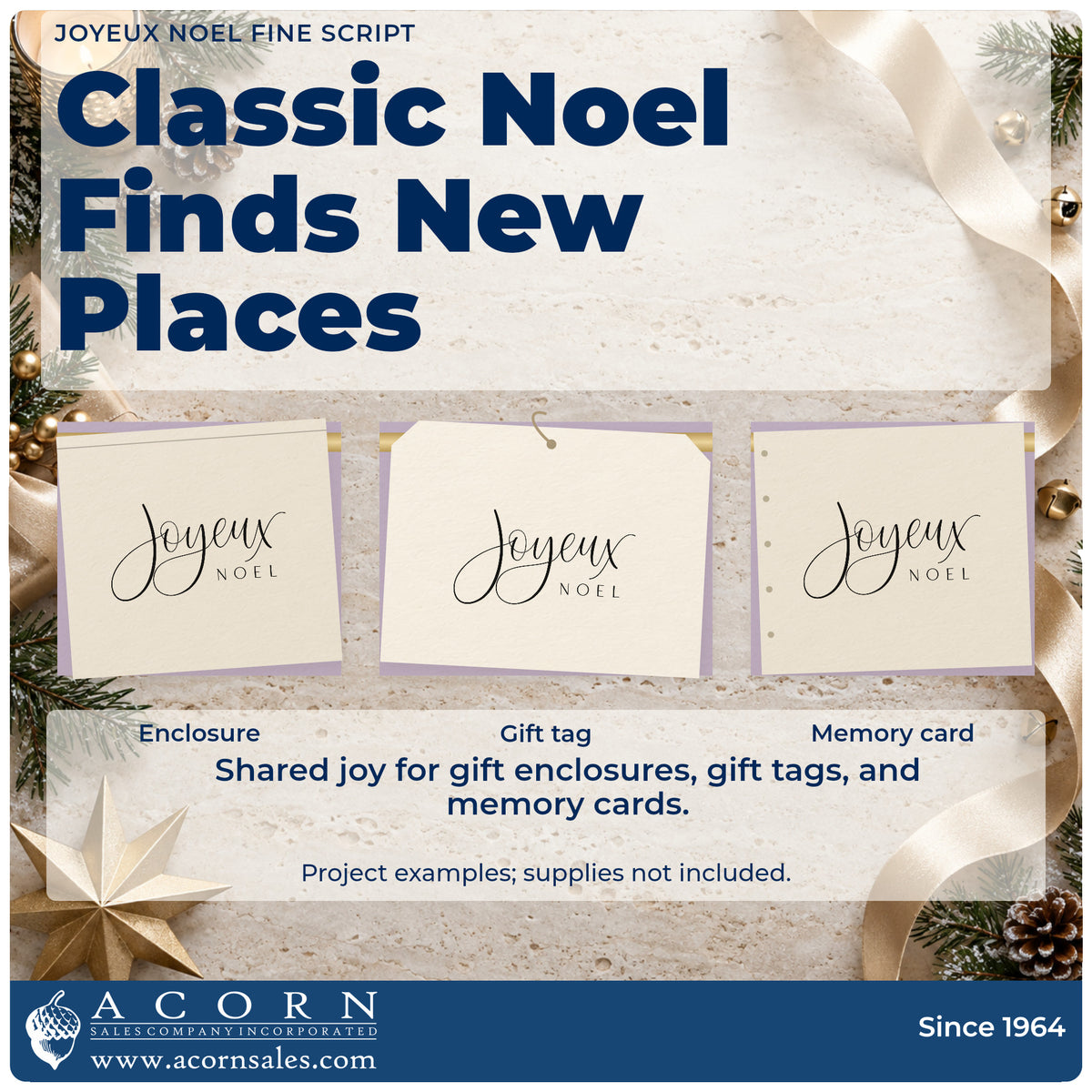 Three project examples made with the Joyeux Noel Hand Stamp – Duo, including vocabulary sheet.
