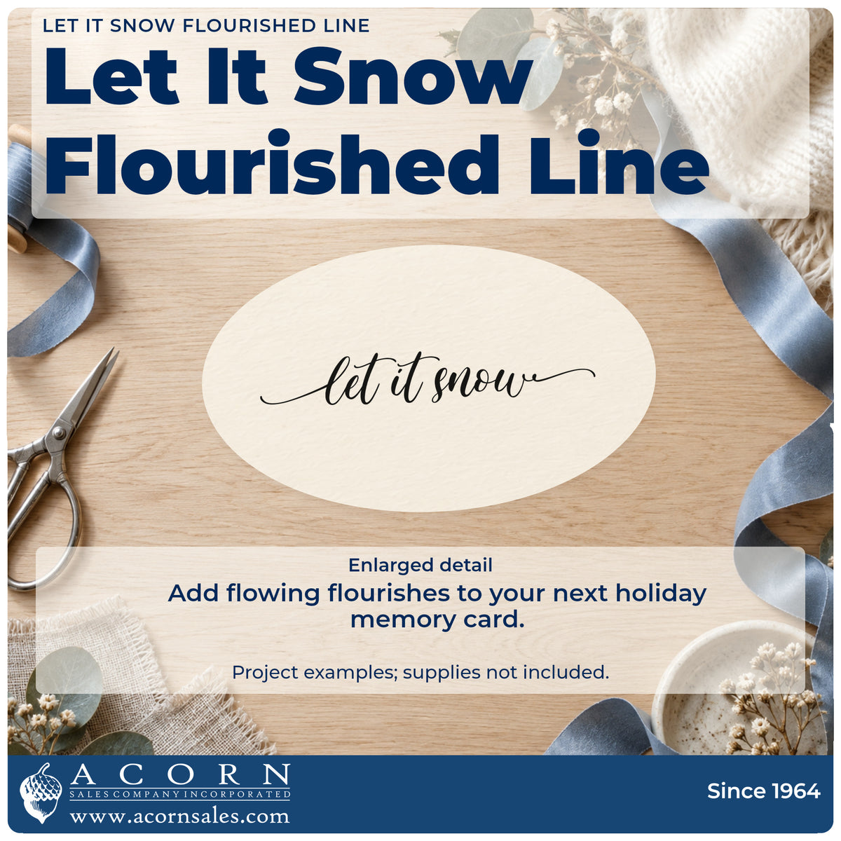 Enlarged detail of the Let It Snow Flourished Line Script Lettering Slim Pre-Inked Stamp imprint. The words "let it snow" appear in small connected script with long thin flourishes at both ends.