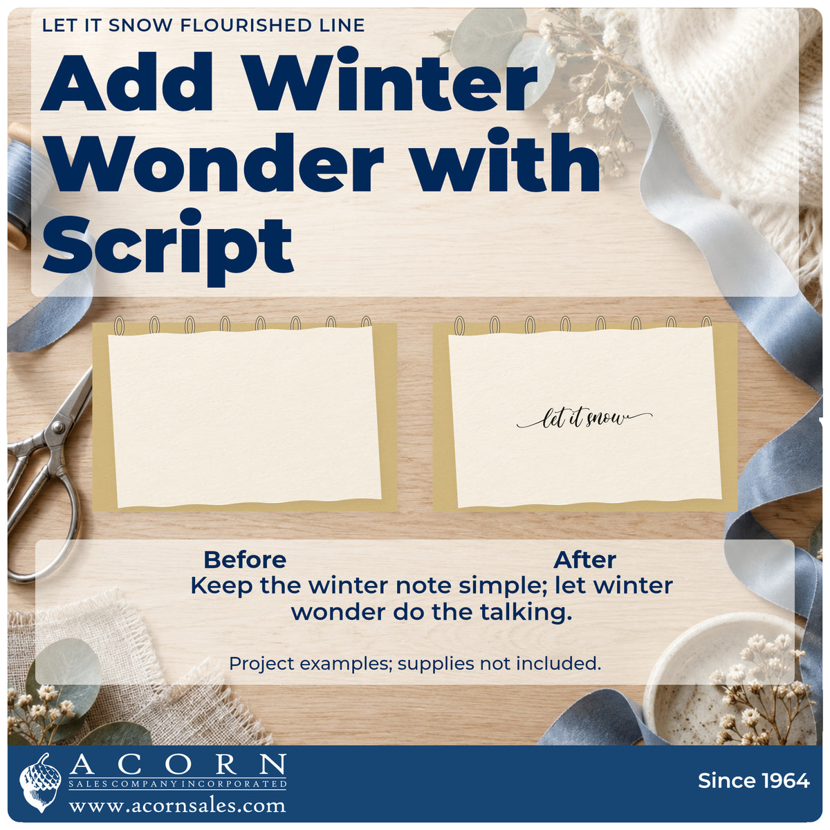 Before and after of a plain item finished with the Let It Snow Flourished Line Script Lettering Stamp – Self-Inking, a quick upgrade for framed long console.