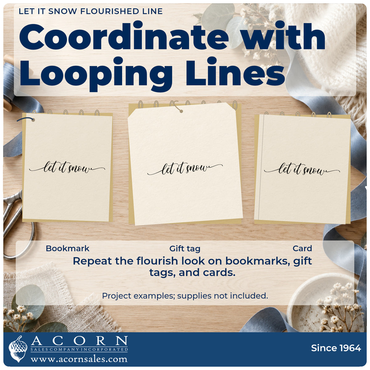 Three project examples made with the Let It Snow Flourished Line Script Lettering Rubber Stamp – Wood Handle, including letterhead top rule.