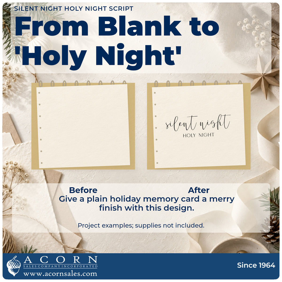 Before and after of a plain item finished with the Silent Night Holy Night Script Lettering Self-Inking Stamp, a quick upgrade for framed alcove ledge.