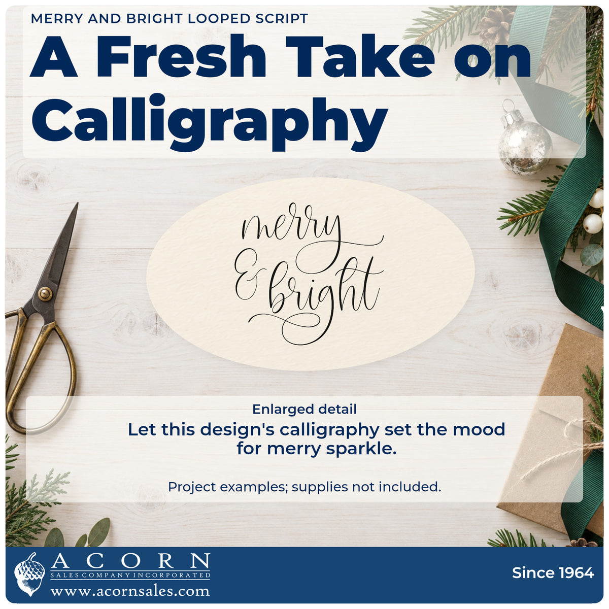 Enlarged detail of the Merry And Bright Looped Script Slim Pre-Inked Stamp imprint. The words "merry & bright" appear in fine calligraphy with large looping flourishes.