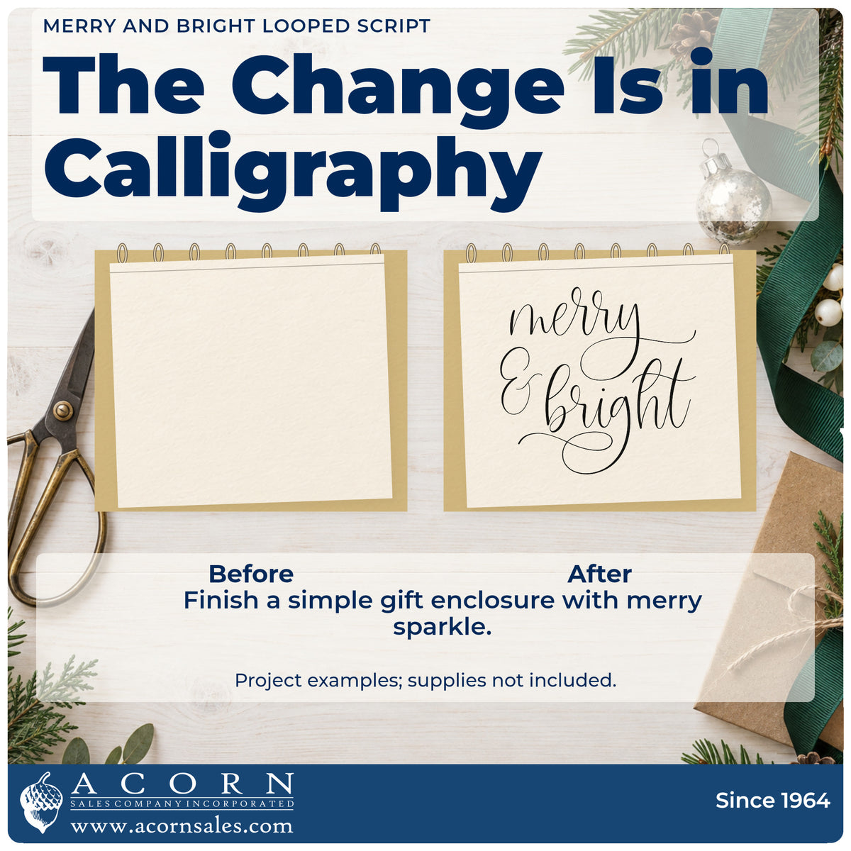 Before and after of a plain item finished with the Merry And Bright Looped Script Slim Pre-Inked Stamp, a quick upgrade for framed studio wall.