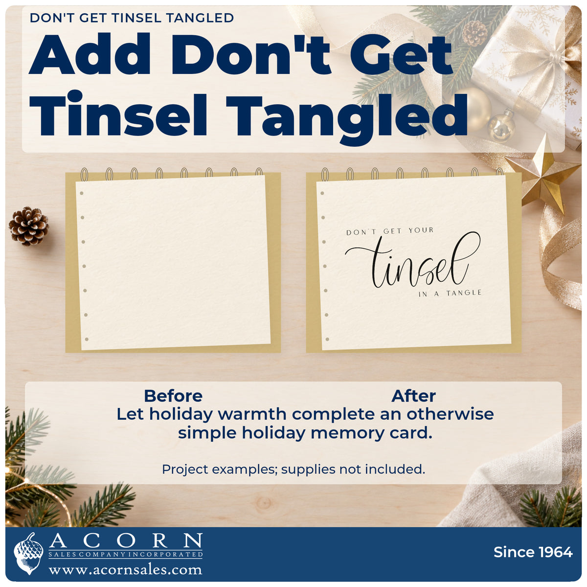 Before and after of a plain item finished with the Don't Get Tinsel Tangled Script Lettering Rubber Stamp – Duo Hand, a quick upgrade for framed desk reminder.