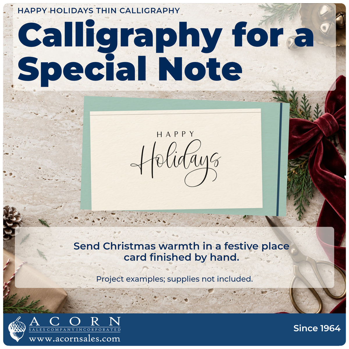 A finished handmade project stamped with the Happy Holidays Thin Calligraphy Block Lettering Rubber Stamp – Wood Handle, ideal for tail cards.
